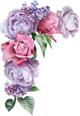 Roses and lilac isolated on a transparent background. Png file.  Floral arrangement, bouquet of garden flowers. Can be used for invitations, greeting, wedding card. - obrazy, fototapety, plakaty