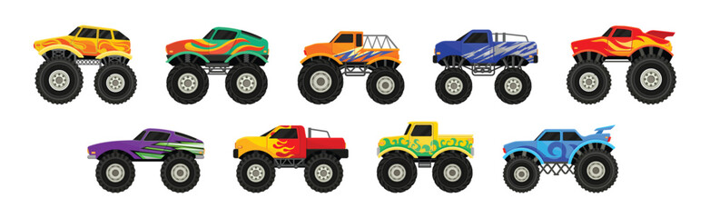 Monster Trucks and Heavy Cars with Large Tires and Black Tinted Windows Vector Set © Happypictures