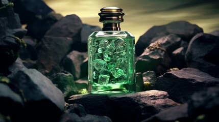 Obraz na płótnie Canvas Glass bottle of green perfume on black stone surface. Generative AI