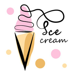 Sweet, strawberry ice cream on a white background. Vector illustration in doodle style