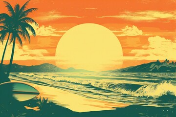 Fototapeta na wymiar Sunset vintage retro style beach surf poster background Generative AI