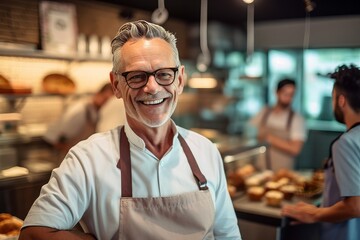 Portrait of smiling senior man standing with arms crossed in a bakery - obrazy, fototapety, plakaty