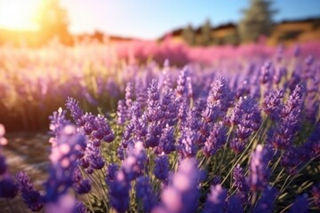 Obraz premium Sunset over a violet lavender field , AI Generated