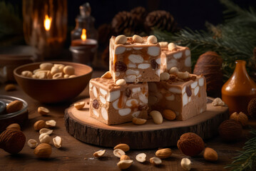 Christmas mixed nut nougat or chocolate torrone slices on a plate. - obrazy, fototapety, plakaty