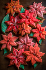 Christmas poinsettia flower shaped sugar cookies with pink, orange and red frosting.