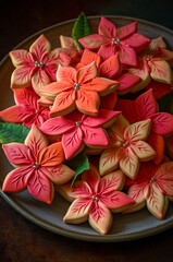 Fototapeta na wymiar Whimsical Decorated Poinsettia Cookies. Colorful flower shaped cookies with pink, orange and yellow icing on a plate