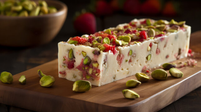 Strawberry pistachio white nougat bar on wooden board topped with chopped nuts and berries.