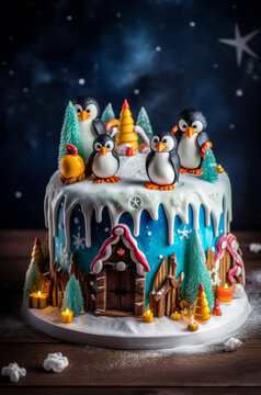 Winter Holidays Cake with Penguins at the top. Christmas festive cake