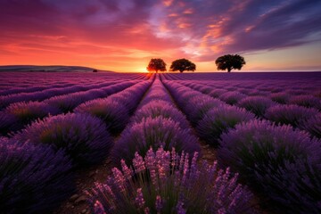 Plakat Sunset over a violet lavender field , AI Generated