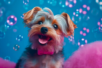 Yorkshire Terrier with pink bow tie and soap bubbles on blue background. 