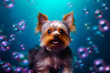 Naklejka premium Yorkshire Terrier with soap bubbles on a blue background. 3d rendering. 