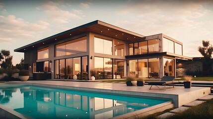 Fototapeta premium Radiant Nighttime Presentation: Showcasing the Illuminated Exterior of a Modern Villa generative AI