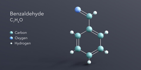benzaldehyde molecule 3d rendering, flat molecular structure with chemical formula and atoms color coding