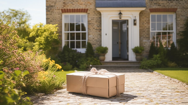 Elegant gift shop delivery, postal service and luxury online shopping, parcel box with a bow on a house doorstep in the countryside, generative ai