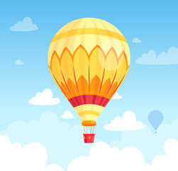 Hot air balloon. Vector illustration of air balloon, airships with basket in the sky with clouds. Romantic concept for festival poster, web banner, greeting card, envelope. Summer honeymoon trip