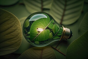 Renewable energy and sustainable living concept, light bulb with green leaf inside 5, Generative AI