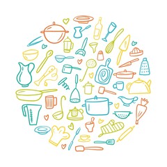 Round illustration from the collection of kitchen utensils, hand-drawn in the style of doodles