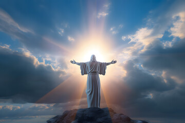 Jesus silhouette with raised hands appeared from the clouds and the sky with divine rays, risen coming. Generative AI.
