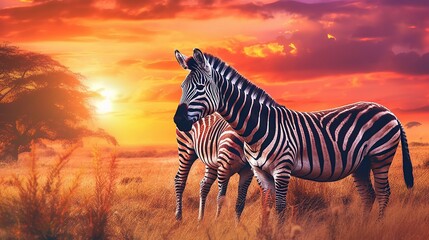 Fototapeta na wymiar Amazing african zebras at sunset concept Generative AI