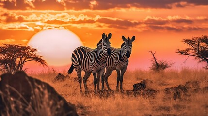 Fototapeta na wymiar Amazing african zebras at sunset concept Generative AI
