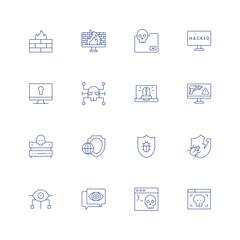 Cyber security line icon set on transparent background with editable stroke. Containing firewall, folder, hacked, lock, malware, online robbery, server, shield, spyware, terminal, threat.