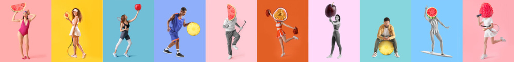 Set of active people with ripe fruits on color background