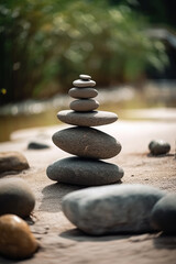 Fototapeta na wymiar Balancing pebble stones background. Calm mediation and relaxation in Zen garden. Generative Ai.