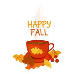 Composition of a cup with tea and leaves, warm cozy autumn. A mug of hot delicious tea in the autumn in a cartoon style, isolated on a white background.