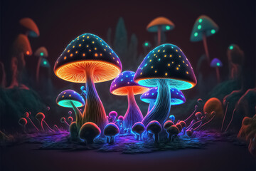 Fototapeta na wymiar Fantasy illustration of neon color glowing magic mushrooms. Psychedelic background. Generative AI