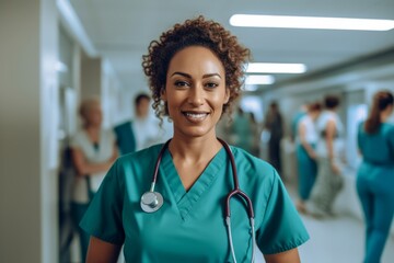 Portrait of smiling african american nurse standing in hospital corridor - obrazy, fototapety, plakaty