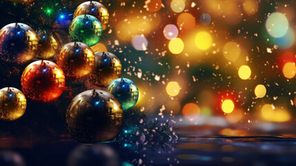 Fototapeta premium Weihnachtskugeln, Baum mit Freiraum. Hintergrund, Weihnachtskarte Generative AI