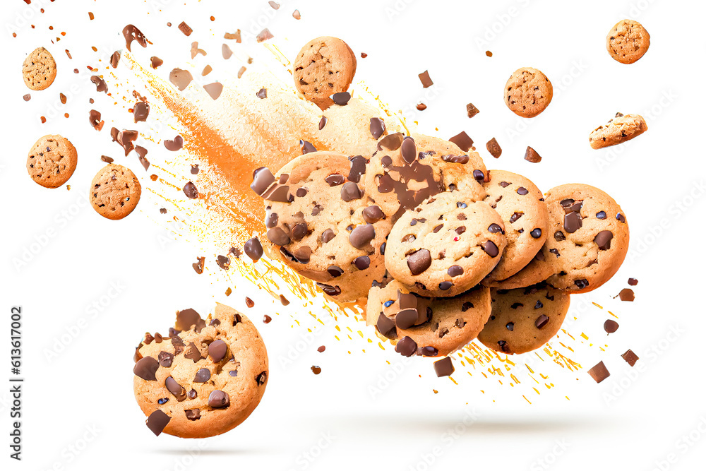 Poster chocolate chip cookies with splashes isolated on white background. generative ai