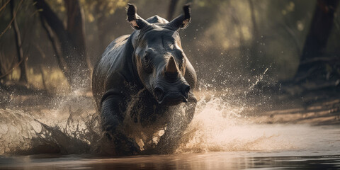Powerful Rhino. Impressive rhinoceros in motion on its natural habitat. Wildlife photography concept. AI Generative