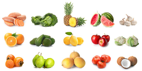 Collage of fresh vegetables and fruits isolated on white