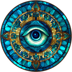 Round stained-glass illustration of the evil eye (Turkish eye symbol amulet) in a stained-glass/mosaic frame. AI-generated art. - obrazy, fototapety, plakaty