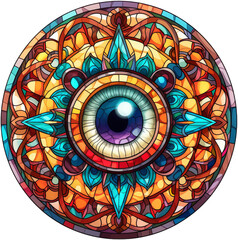 Round stained-glass illustration of the evil eye (Turkish eye symbol amulet) in a stained-glass/mosaic frame. AI-generated art.