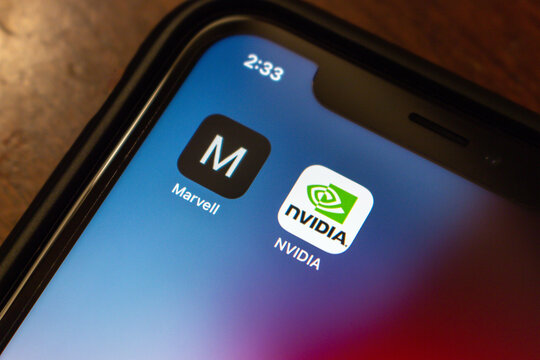 Vancouver, CANADA - Jun 11 2023 : Marvell Technology, Inc. and NVIDIA icons seen in an iPhone screen. Semiconductor tech company concept image