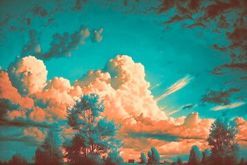 Fototapeta na wymiar Teal and orange dream-like sky, cloud and landscape illustration. Dreamy horizontal landscape and cloudscape with vivid orange and teal look. Sunset, summer, animation style. Made with Generative AI