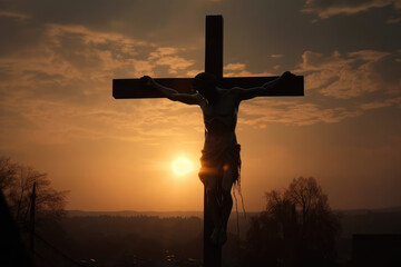 Divine Redemption. Iconic silhouette of Jesus on the cross on Golgotha at sunset. Religious concept. AI Generative
