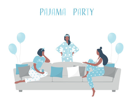 Pajama party. Young women in blue pajamas are sitting on the couch and talking. Blue balloons here. Slumber party. Vector illustration.