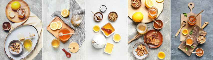 Fototapeta na wymiar Collage of golden honey, top view