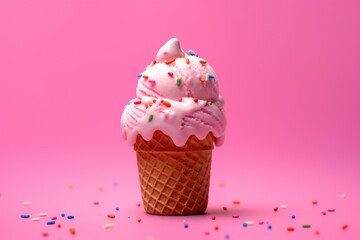 Strawberry Ice Cream Cone on Pink Background | Delicious ice cream with cone product photo