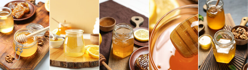 Collage of golden honey on table