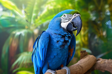 Obraz premium Generative ai illustration of blue macaw sitting in green tropical garden 