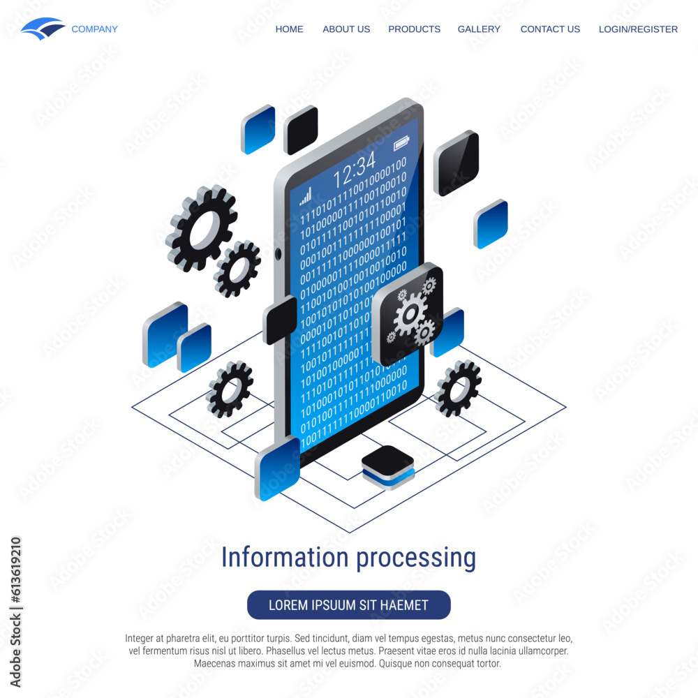Poster information processing, data computing 3d isometric vector concept illustration