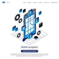 Mobile navigation, digital map 3d isometric vector concept illustration