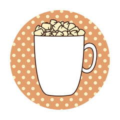Cute mug with hot drink and marshmallows on a round dotted background. Illustration on transparent background