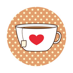 Mug with a heart and tea bag on a round dotted background. Illustration on transparent background