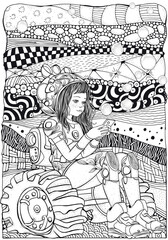 Black And White Coloring Book Page For Adult. Girl astronaut. The girl is sitting and looking at the phone. Zentangle background.