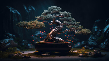 Bonsai Drzewko duże w Ciemnym miejscu - obrazy, fototapety, plakaty